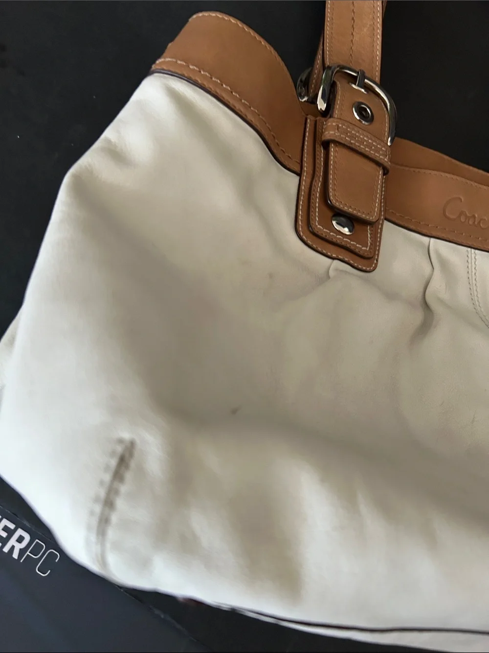 Coach Cream Canvas Shoulder Bag with Tan Leather Trim